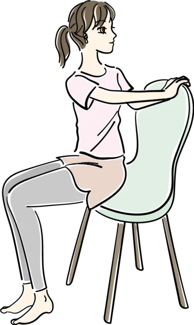 椅子の背もたれを使って肩を伸ばす女性（背景透過PNG）