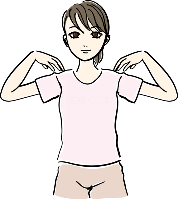 両手を肩に置いて肩回しをする女性（背景透過PNG）
