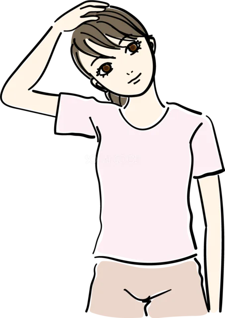 頭を横に倒して首を伸ばす女性（背景透過PNG）