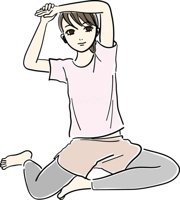 あぐらで座って腕を頭上に伸ばす女性（背景透過PNG）