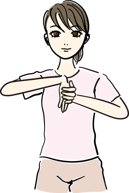 胸の前で手首を伸ばす女性（背景透過PNG）