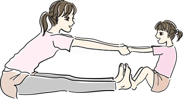 向かい合って手をつなぐ親子のペアストレッチ（背景透過PNG）