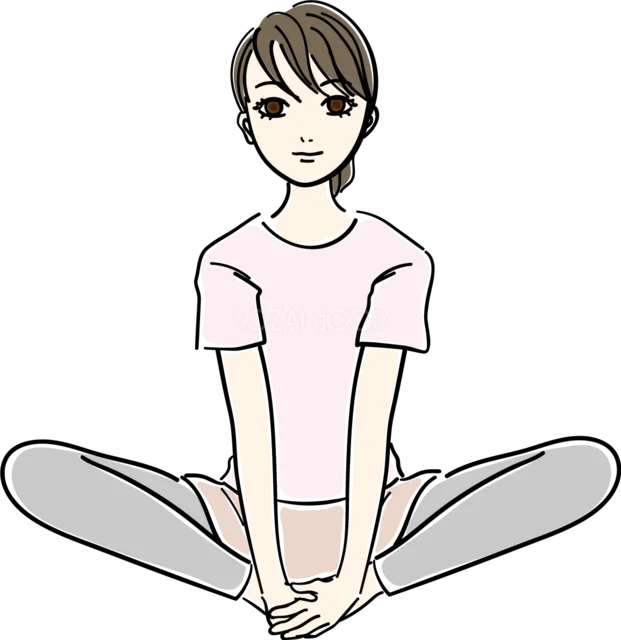 足裏を合わせて座る股関節ストレッチの女性（背景透過PNG）