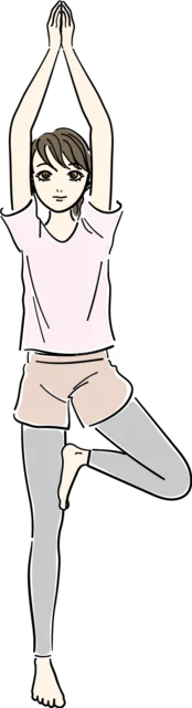 両手を頭上で合わせて片足立ちする木のポーズの女性（背景透過PNG）