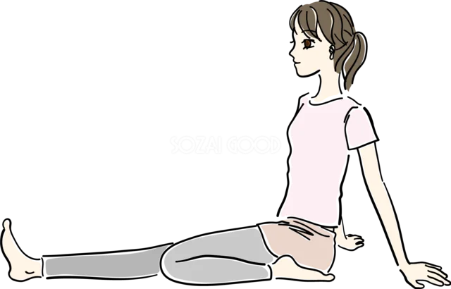 片脚を伸ばして座る女性のストレッチ（背景透過PNG）