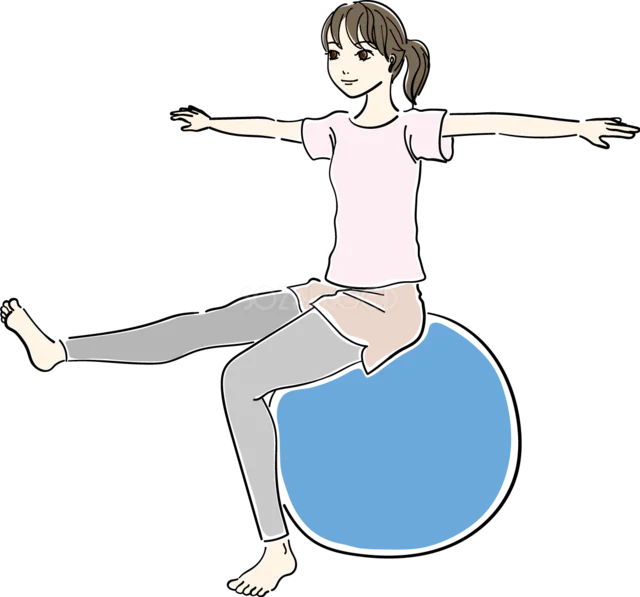 バランスボールに座って片脚を伸ばす女性（背景透過PNG）