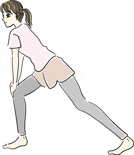片膝を曲げて前方へ踏み込む脚のストレッチ（背景透過PNG）