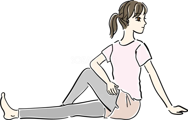 座って上半身をひねる女性のストレッチ（背景透過PNG）