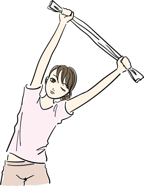 タオルを頭上に持って体側を伸ばす女性（背景透過PNG）