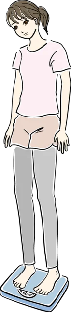 体重計に乗って数値を確認するダイエット中の女性（背景透過PNG）