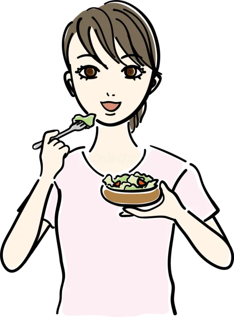野菜サラダを食べる健康的なダイエット女性（背景透過PNG）