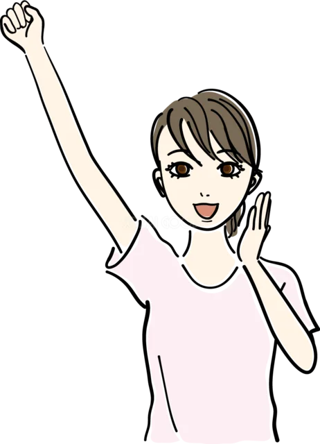 片手を高く上げて元気に応援する女性（背景透過PNG）