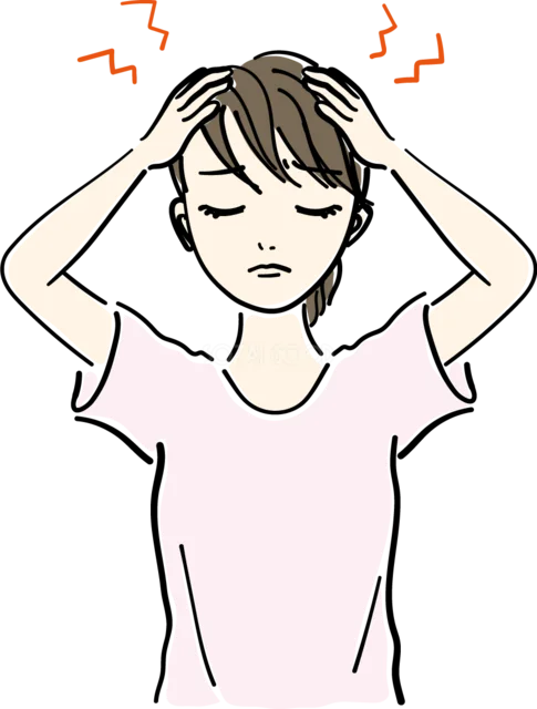 頭を抱えてダイエットに悩む女性（背景透過PNG）
