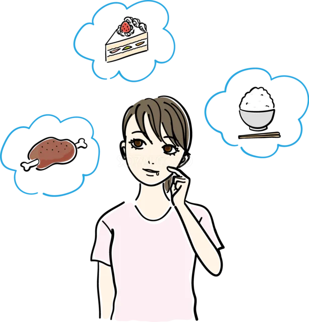 肉・ケーキ・ご飯のどれを食べるか悩む女性（背景透過PNG）