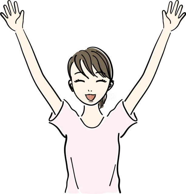 両手を上げてダイエット成功を喜ぶ女性（背景透過PNG）
