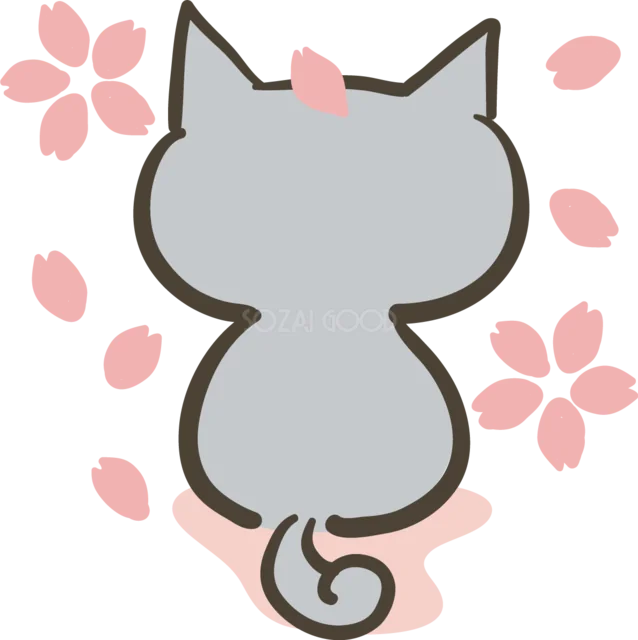 舞う桜に囲まれたグレー猫の後ろ姿（背景透過PNG）