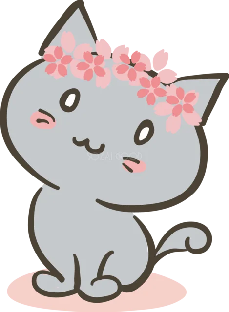 桜の花冠を付けて座るグレーの猫（背景透過PNG）