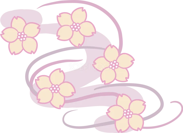 流れる曲線に淡い桜を飾った和風デザイン（背景透過PNG）