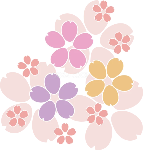 パステルカラーの桜を集めた花模様（背景透過PNG）