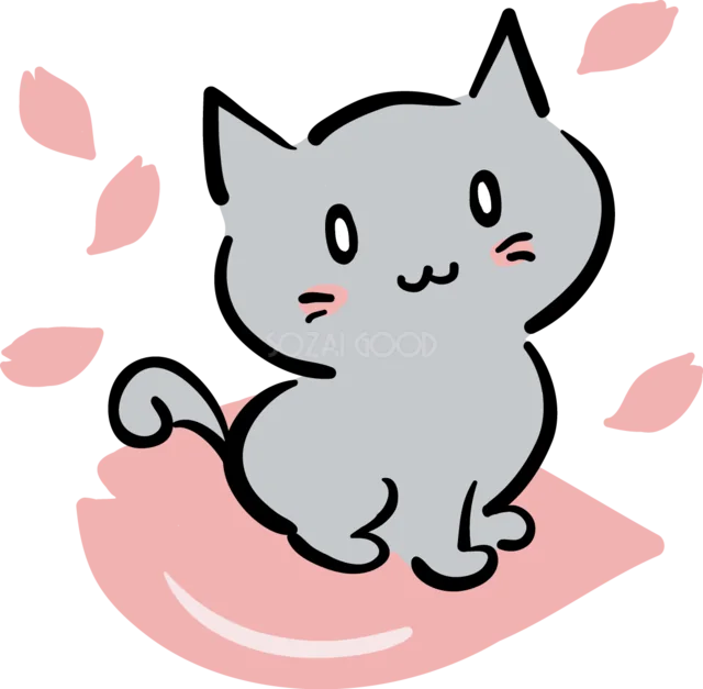桜の花びらが舞う中で座るグレーの猫（背景透過PNG）