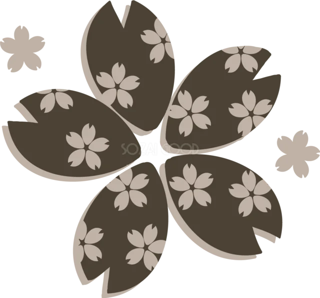 桜模様を重ねた濃いグレーの五枚花びら（背景透過PNG）