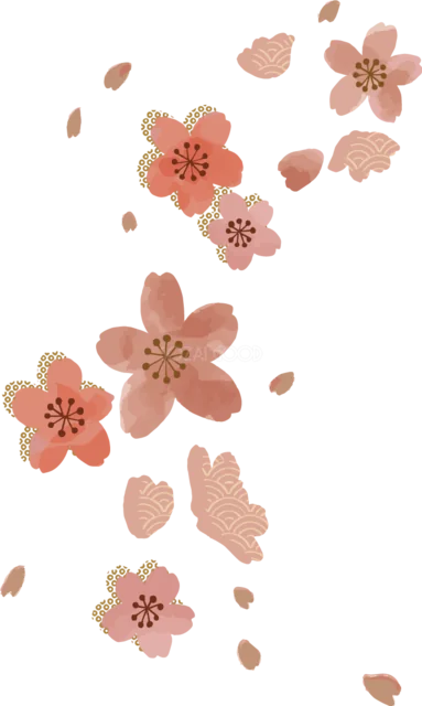 赤い桜と花びらを縦に流した春の飾り（背景透過PNG）
