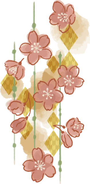 緑と金のひし形模様に赤い桜を飾った縦型デザイン（背景透過PNG）