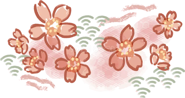 赤い桜と緑の青海波を横に流した和風飾り（背景透過PNG）
