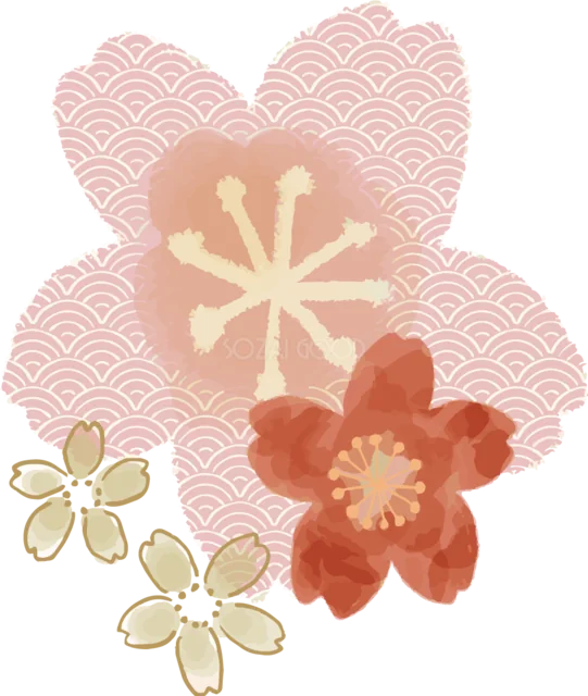 大きなピンクの桜と赤い花を重ねた和柄飾り（背景透過PNG）