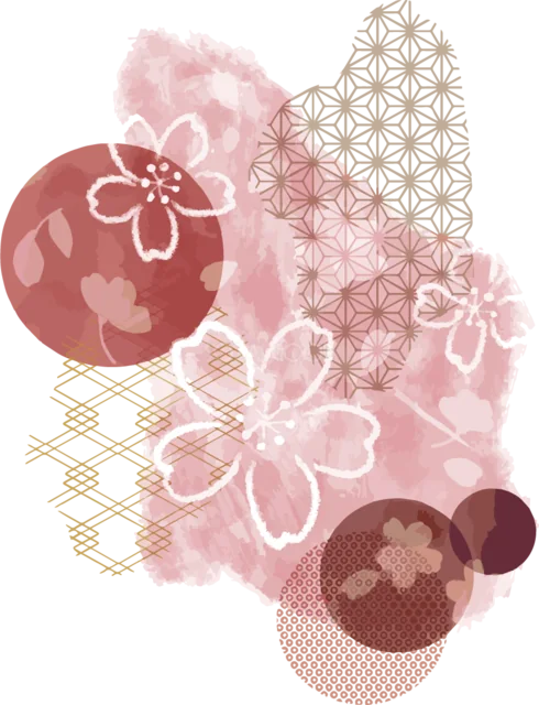 赤とピンクの丸模様に桜を重ねた和風飾り（背景透過PNG）