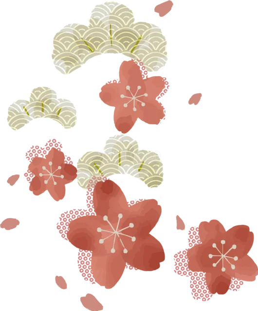 赤い桜と緑の青海波を縦に並べた和柄飾り（背景透過PNG）
