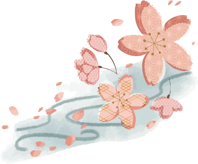 水の流れに大きなピンクの桜と花びらを描いた和風飾り（背景透過PNG）