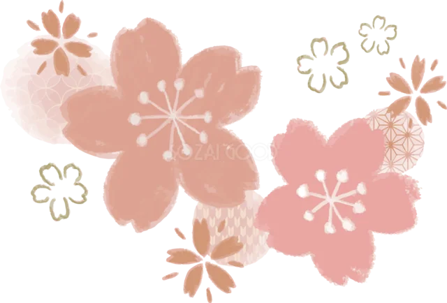 大きな淡いピンクの桜と金色の幾何学模様（背景透過PNG）