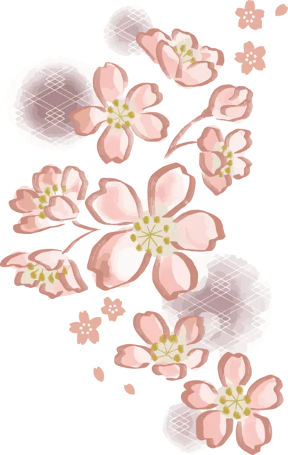 丸いぼかしに桜の線画を斜めに並べた春飾り（背景透過PNG）