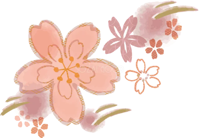 大きなピンクの桜と筆線を重ねた和風飾り（背景透過PNG）