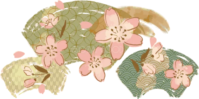 桜を飾った緑と金の和風扇子（背景透過PNG）