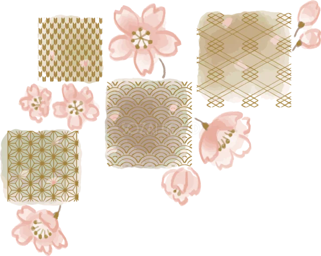 金色の和柄と桜を組み合わせたパッチワーク飾り（背景透過PNG）