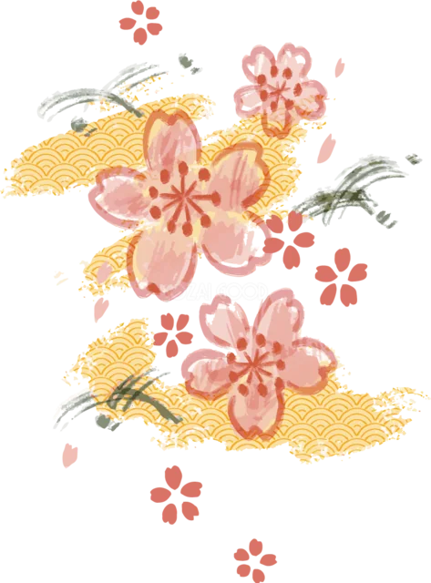 金色の青海波に赤い桜を重ねた和風飾り（背景透過PNG）