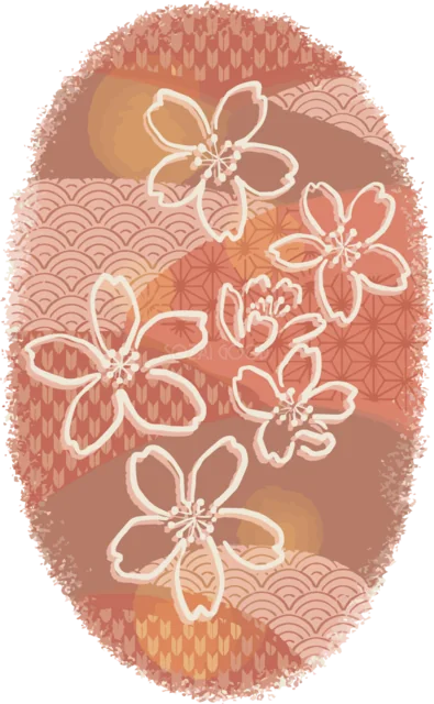 桜と青海波を描いた赤い楕円形の和柄飾り（背景透過PNG）