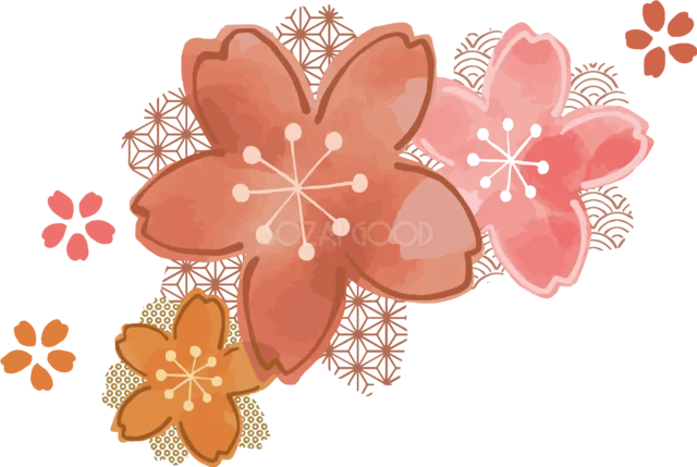 赤い桜と麻の葉や青海波を重ねた和柄飾り（背景透過PNG）