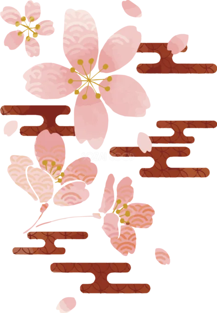 ピンクの桜と茶色の霞模様を組み合わせた和風飾り（背景透過PNG）
