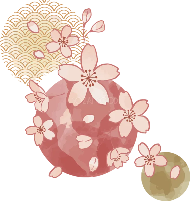 桜を飾った赤と緑の和柄手まり3個（背景透過PNG）