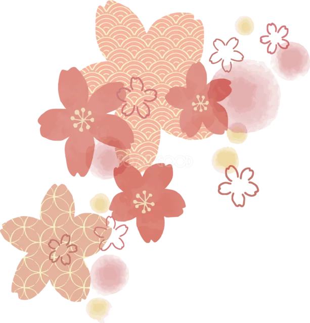 赤い桜と和柄を縦に流した春の飾り（背景透過PNG）