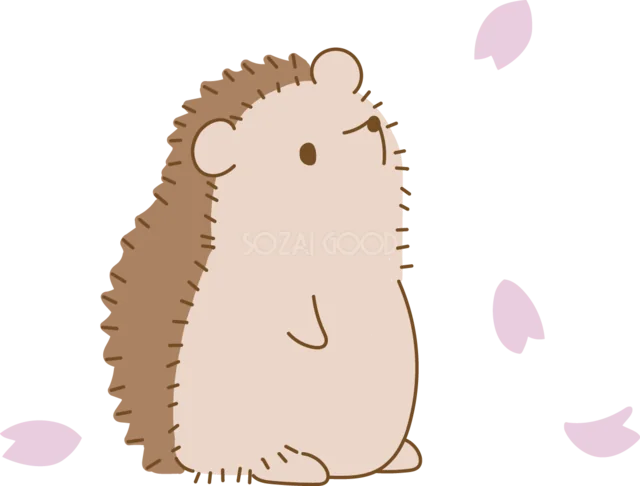 舞う桜を見上げて座るハリネズミ（背景透過PNG）