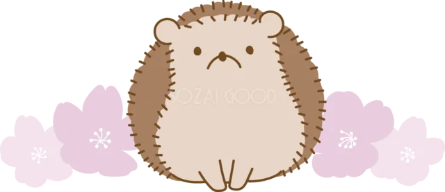 淡い桜を背景に正面を向くハリネズミ（背景透過PNG）