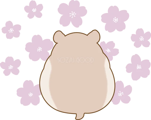 桜に囲まれて座るハムスターの後ろ姿（背景透過PNG）