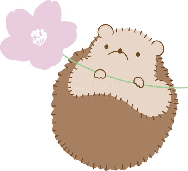 桜の花を抱えて丸くなるハリネズミ（背景透過PNG）