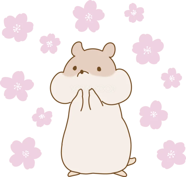 舞う桜の中で両手を合わせるハムスター（背景透過PNG）