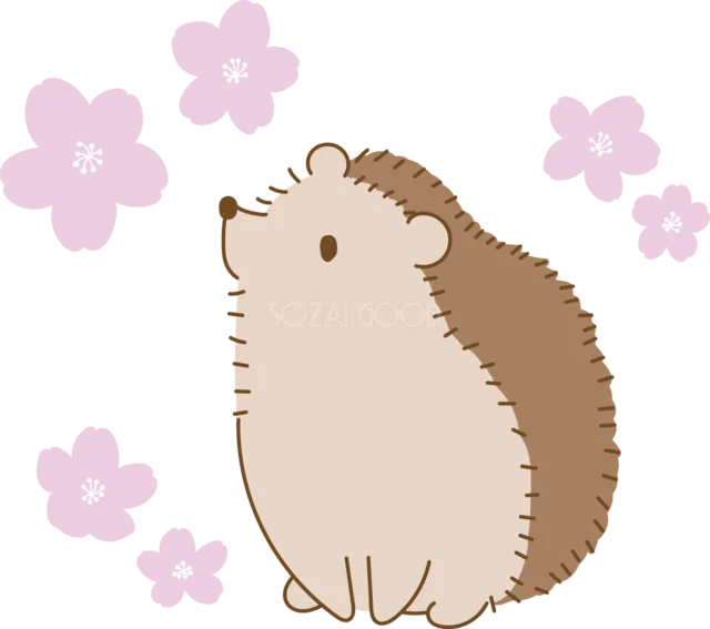 桜の花びらに囲まれて座るハリネズミ（背景透過PNG）