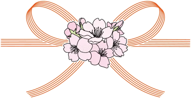 赤い水引の蝶結びに桜を飾った和風デザイン（背景透過PNG）
